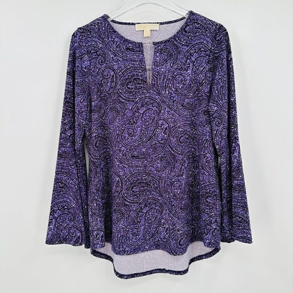 Michael Kors Size Medium Purple Bell Sleeve Paisley Print Career Blouse Top - Picture 1 of 7
